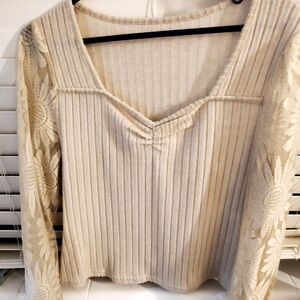 Cream Ribbed Knit Top with Lace Sleeves